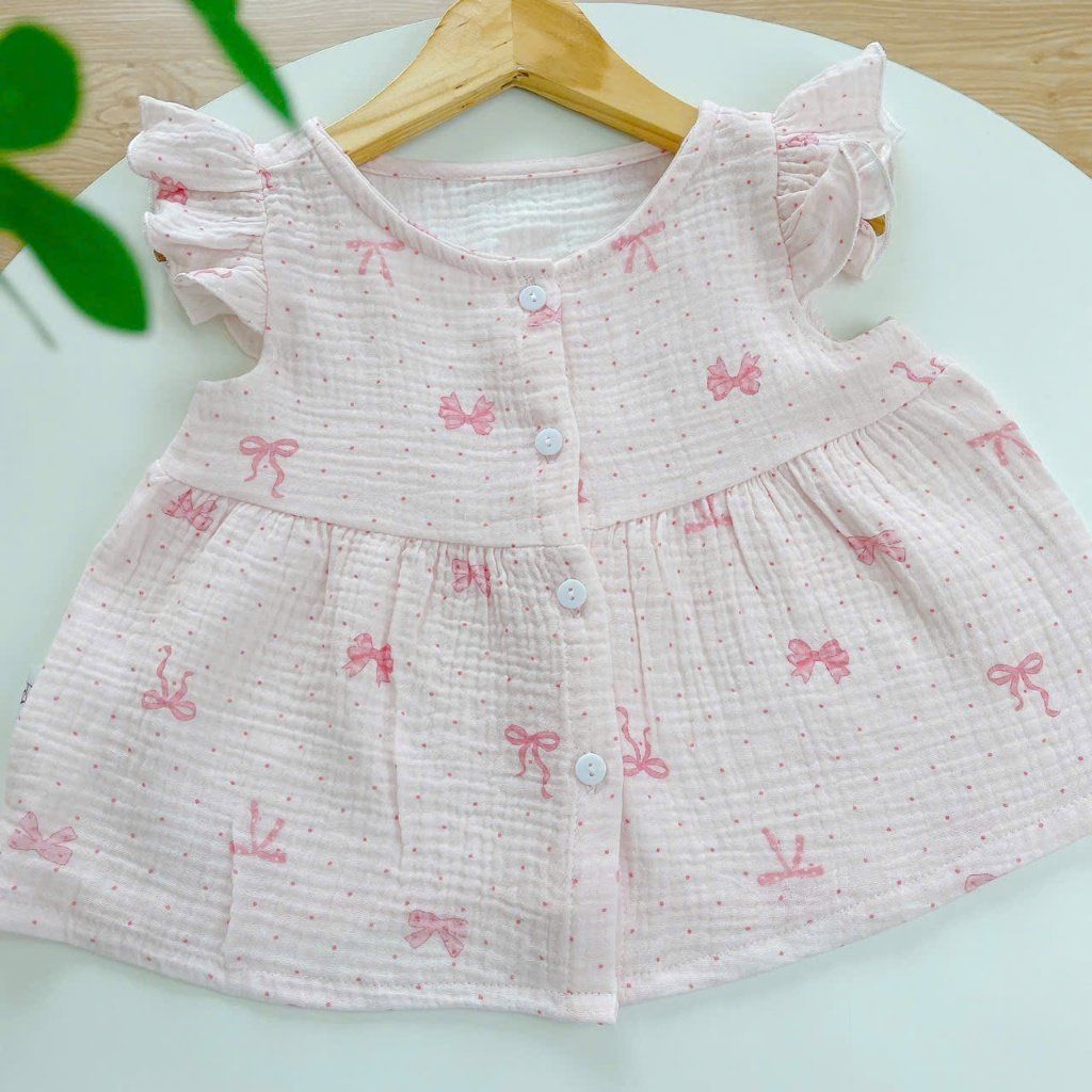  Bộ đùi bé gái xô muslin Áo Lá Homewear A264, bộ cộc tay bé gái cánh tiên bèo dễ thương babydoll 