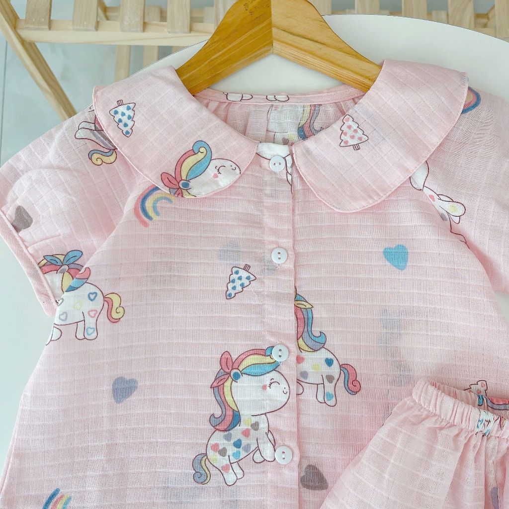  Bộ lửng bé gái Lá Homewear A293 xô cotton tay raglan họa tiết kỳ lân dễ thương thoáng mát 