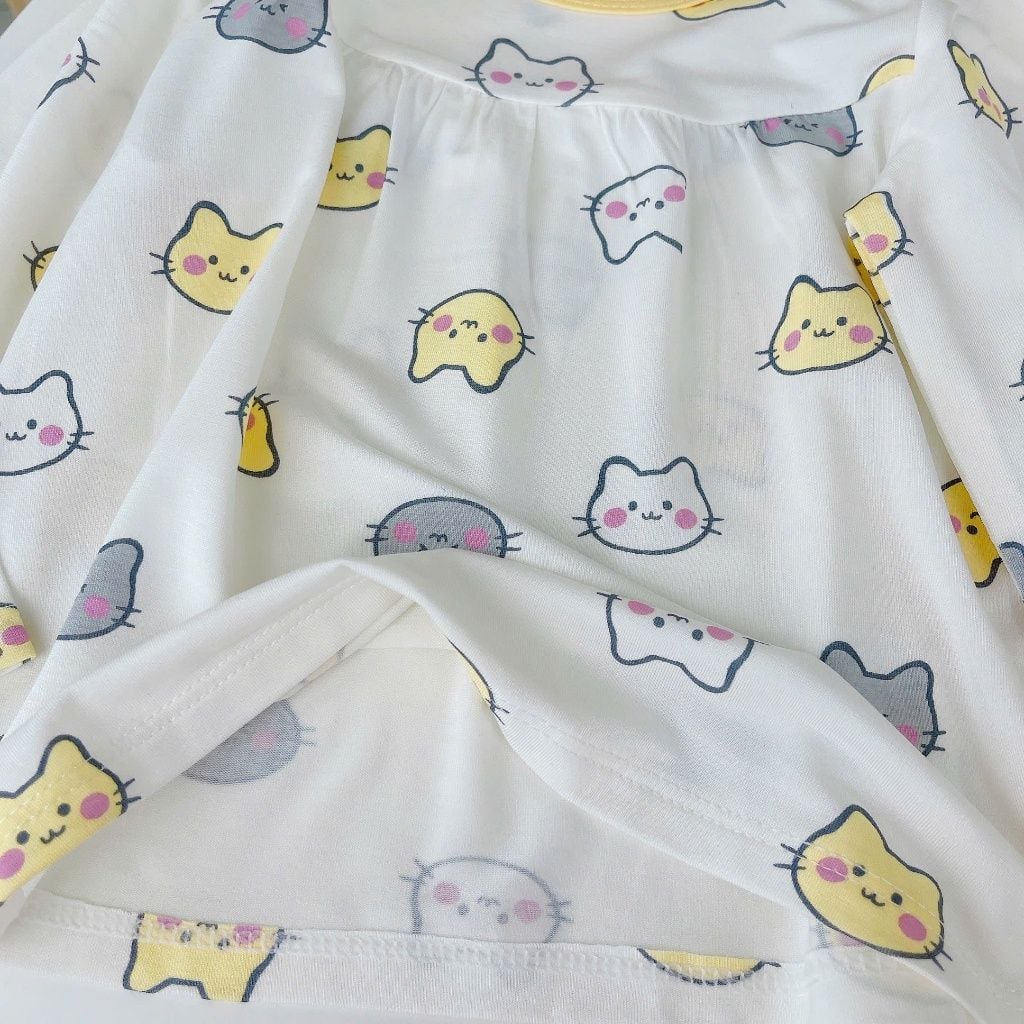  Đồ ngủ cho bé gái 95% sợi sồi Modal Ice Cool Lá Homewear A283, bộ dài tay cho bé mềm mướt mát lạnh babydoll họa tiết mèo 