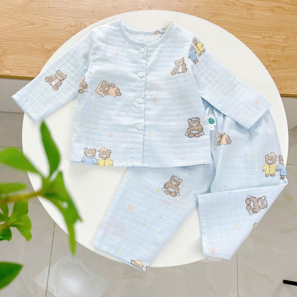  Pijama cho bé trai, bé gái vải  xô cotton Áo Lá Homewear A219, đồ bộ dài tay cho bé mát bốn mùa cổ tròn cài nút 