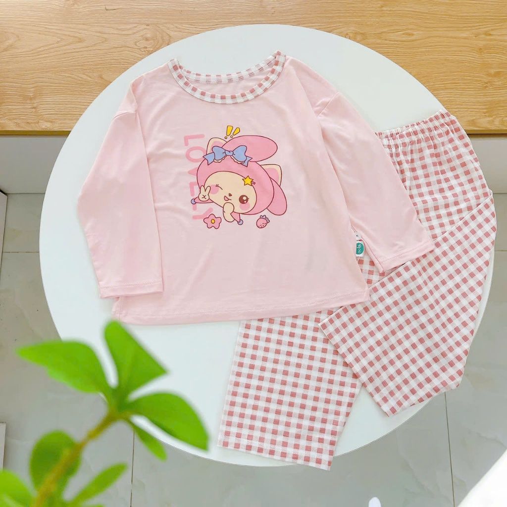  Bộ dài tay cho bé 95% sợi sồi Modal Áo Lá Homewear A209, pijama cho bé gái trai mềm mướt mát lạnh caro capybara kuromi 