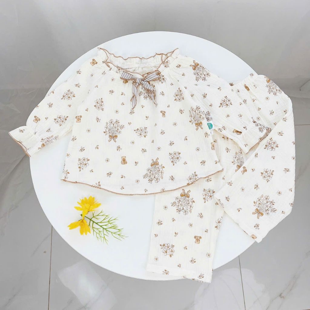 Bộ dài tay bé gái xô muslin Áo Lá Homewear A189, pizama cho bé gái mặc ngủ bốn mùa hoa nhí đính nơ xinh 
