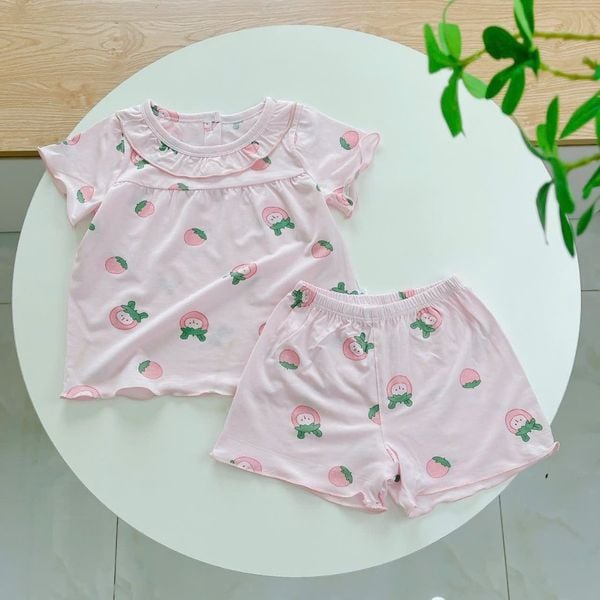  Bộ cộc tay bé gái Tencel Lycra mỏng mát lạnh Lá Homewear A266, bộ đùi bé gái mặc hè cổ tròn bèo xinh xắn kuromi 