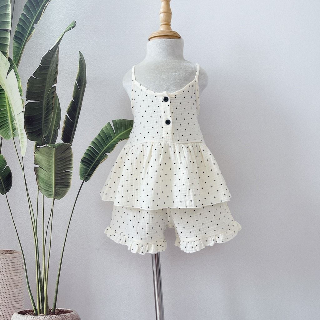  Bộ hai dây bé gái mặc hè xô muslin Áo Lá Homewear A121, đồ bộ hè bé gái quần đùi xô đũi babydoll dễ thương 