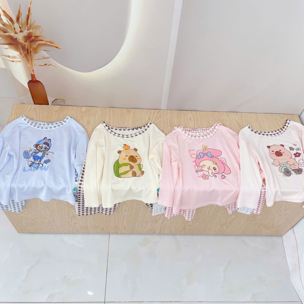  Bộ dài tay cho bé 95% sợi sồi Modal Áo Lá Homewear A209, pijama cho bé gái trai mềm mướt mát lạnh caro capybara kuromi 