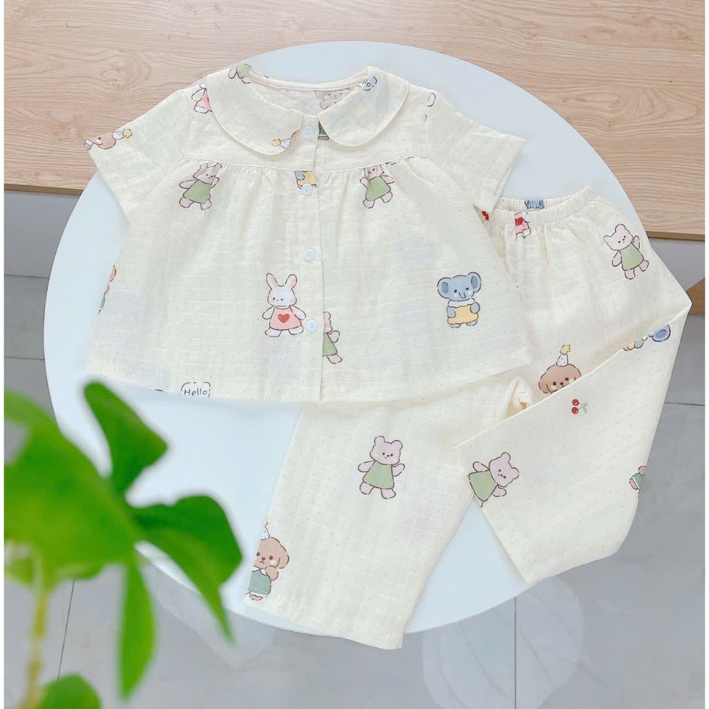  Pijama cho bé gái tay ngắn quần dài vải xô cotton Áo Lá Homewear A103, đồ bộ xô bé gái babydoll họa tiết dễ thương 