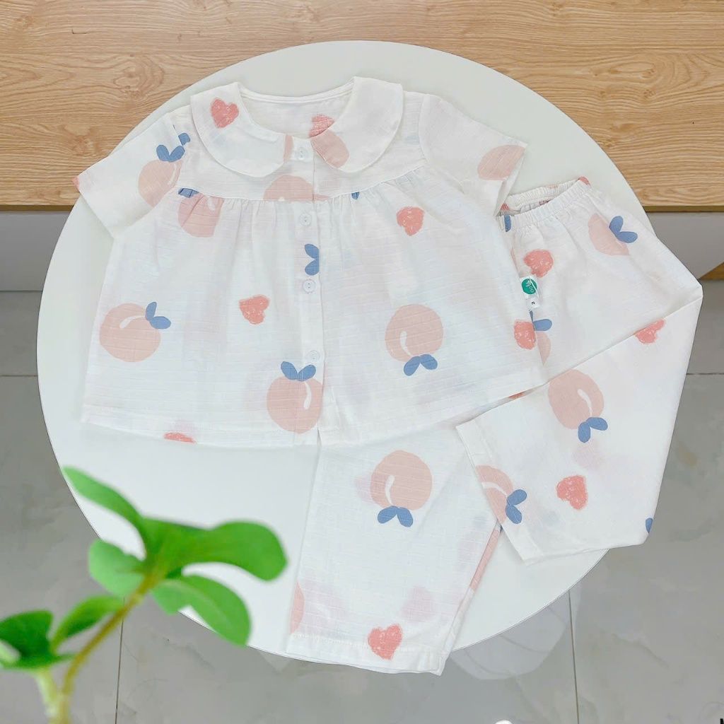  Pijama cho bé gái tay ngắn quần dài vải xô cotton Áo Lá Homewear A103, đồ bộ xô bé gái babydoll họa tiết dễ thương 