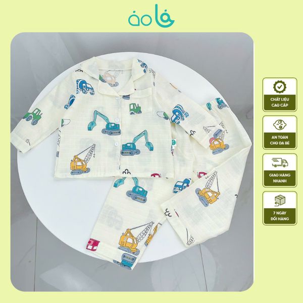  Pijama bé trai bé gái dài tay vải xô cotton Áo Lá Homewear A146, đồ ngủ trẻ em size đại nằm điều hòa bốn mùa 