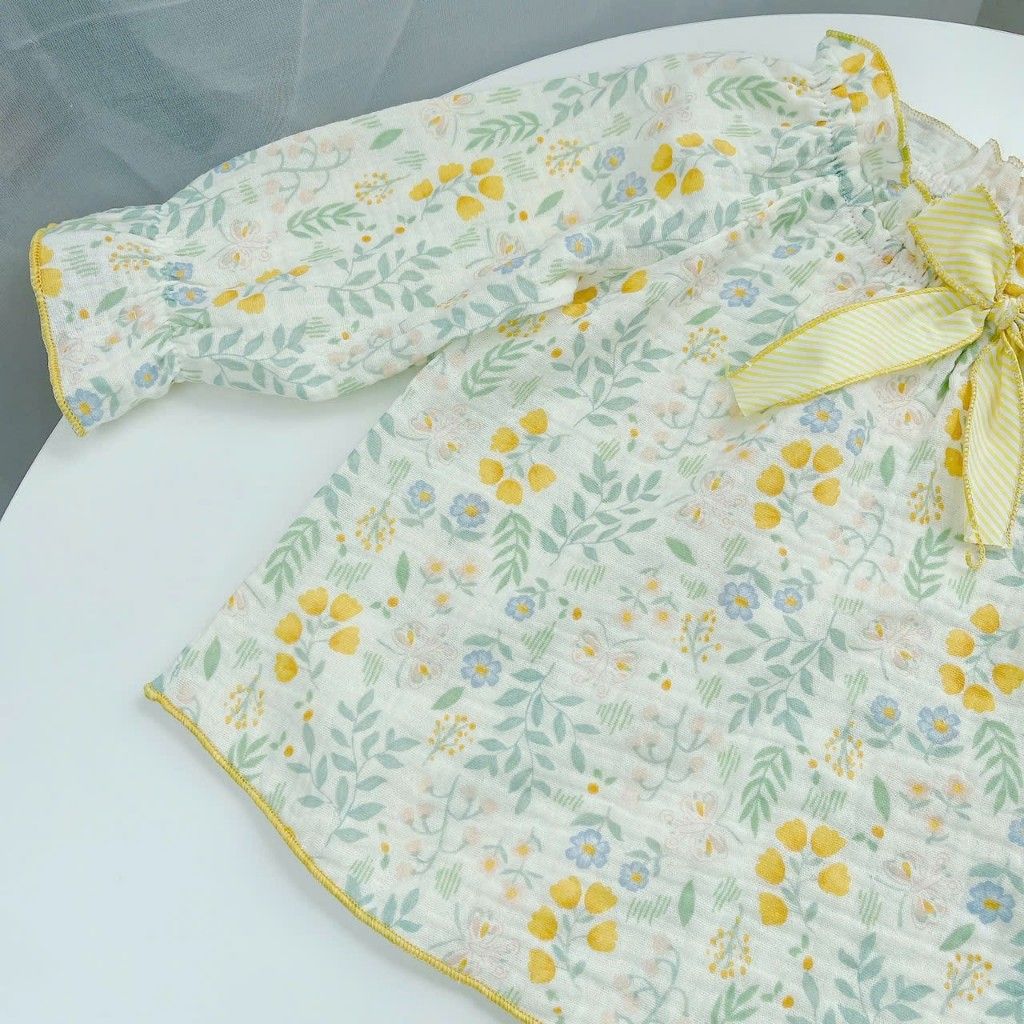  Bộ dài tay bé gái xô muslin Áo Lá Homewear A189, pizama cho bé gái mặc ngủ bốn mùa hoa nhí đính nơ xinh 