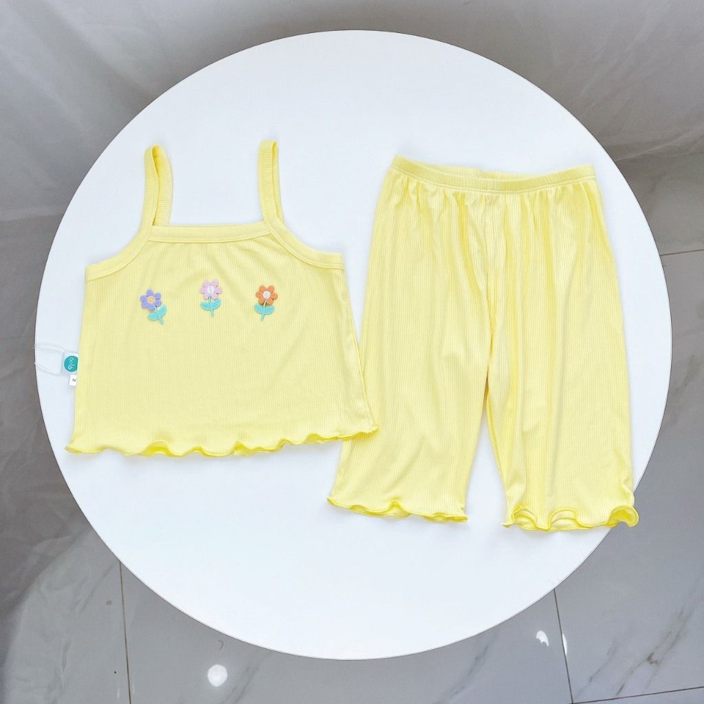  Bộ hai dây bé gái thun tăm lạnh rayon Áo Lá Homewear A159, đồ bộ bé gái hai dây quần lửng đính hoa xinh xắn 