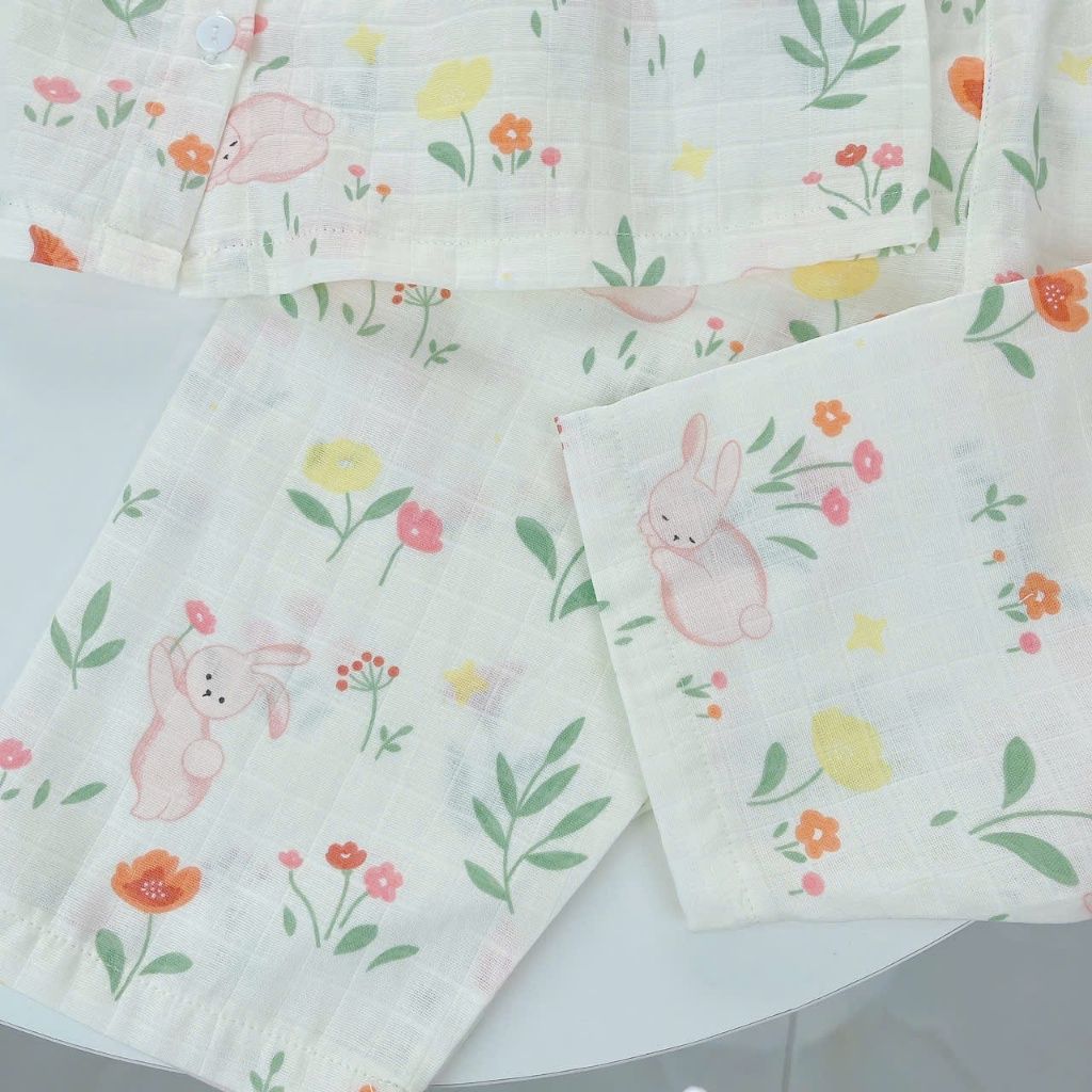  Pijama cho bé gái tay ngắn quần dài vải xô cotton Áo Lá Homewear A103, đồ bộ xô bé gái babydoll họa tiết dễ thương 