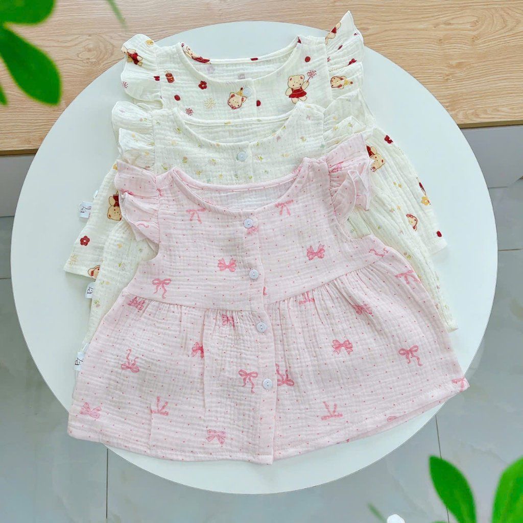  Bộ đùi bé gái xô muslin Áo Lá Homewear A264, bộ cộc tay bé gái cánh tiên bèo dễ thương babydoll 