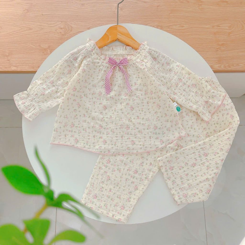  Bộ dài tay bé gái xô muslin Áo Lá Homewear A189, pizama cho bé gái mặc ngủ bốn mùa hoa nhí đính nơ xinh 