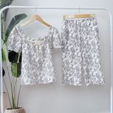  Bộ mặc nhà nữ xô muslin Áo Lá Homewear  A153, đồ bộ lửng nữ cho mẹ, đồ đôi mẹ bé 