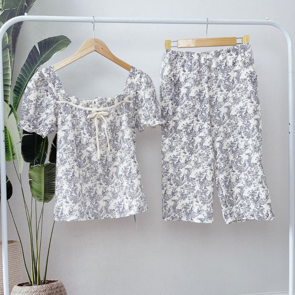  Bộ mặc nhà nữ xô muslin Áo Lá Homewear  A153, đồ bộ lửng nữ cho mẹ, đồ đôi mẹ bé 