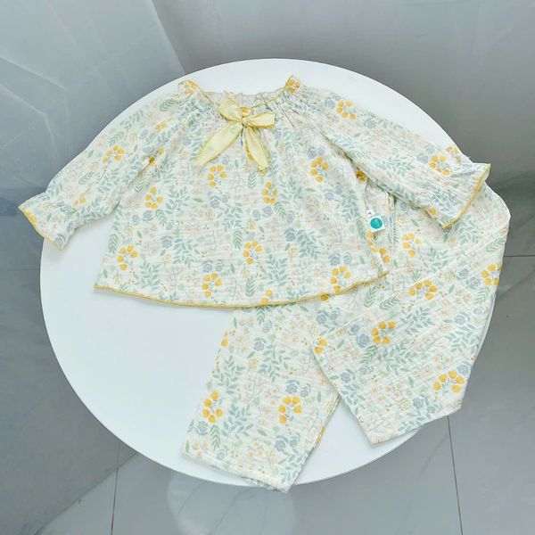  Bộ dài tay bé gái xô muslin Áo Lá Homewear A189, pizama cho bé gái mặc ngủ bốn mùa hoa nhí đính nơ xinh 