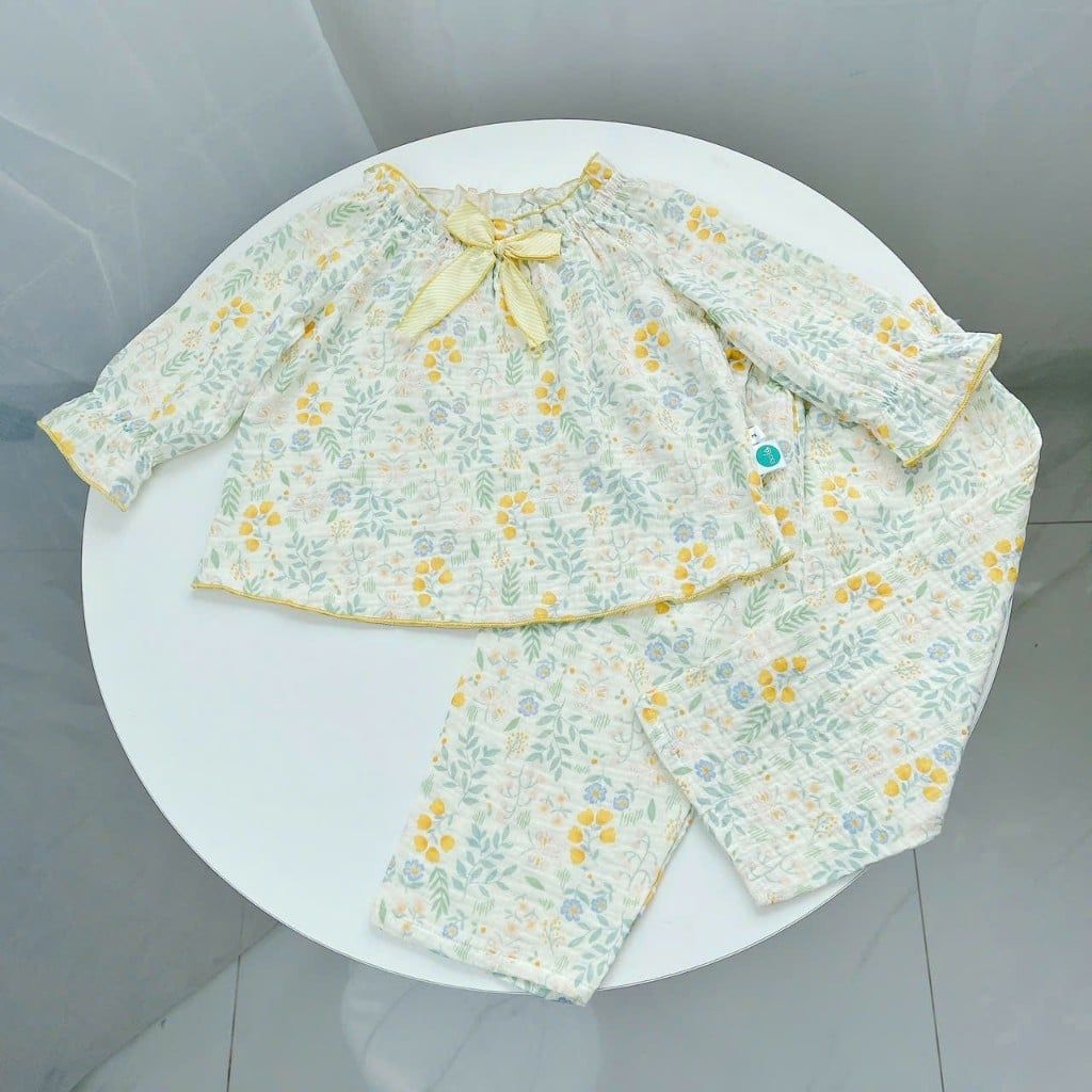  Bộ dài tay bé gái xô muslin Áo Lá Homewear A189, pizama cho bé gái mặc ngủ bốn mùa hoa nhí đính nơ xinh 