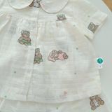  Bộ hè bé gái áo babydoll cánh tiên vải xô hai lớp mềm mát họa tiết thỏ mèo Áo Lá Homewear A049 