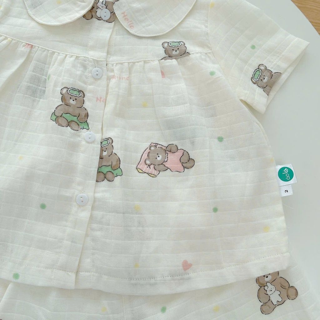  Bộ hè bé gái áo babydoll cánh tiên vải xô hai lớp mềm mát họa tiết thỏ mèo Áo Lá Homewear A049 