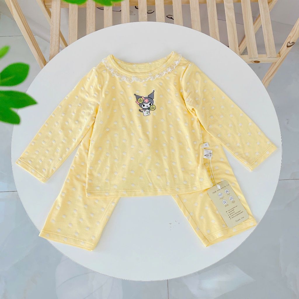  Đồ dài tay bé gái 95% sợi sồi Modal Ice Cool Lá Homewear A281, đồ ngủ cho bé mềm mướt mát lạnh viền ren chấm bi 