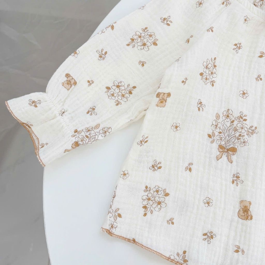  Bộ dài tay bé gái xô muslin Áo Lá Homewear A189, pizama cho bé gái mặc ngủ bốn mùa hoa nhí đính nơ xinh 