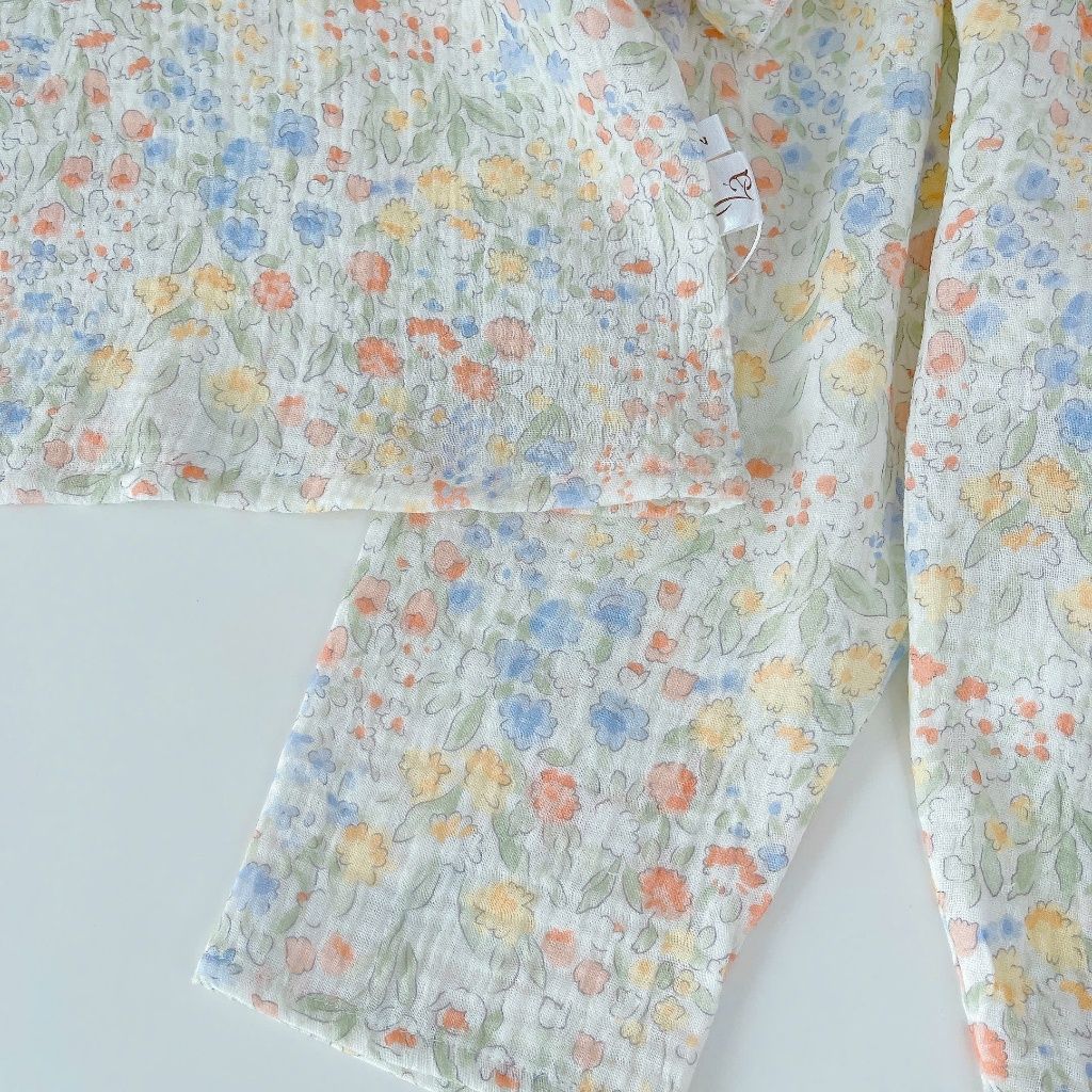  Pijama cho bé gái tay ngắn Lá Homewear A297 xô muslin cổ ren vintage hoa nhí dễ thương vải mềm mát 