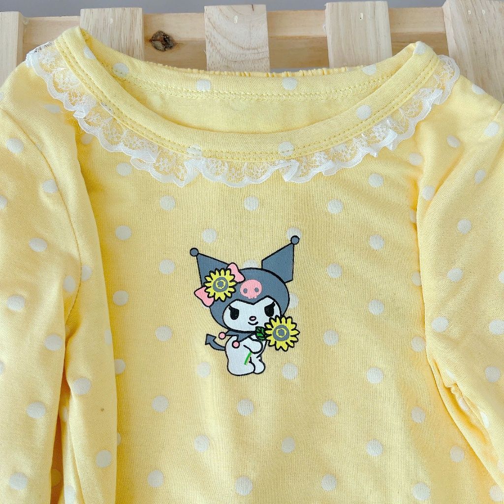  Đồ dài tay bé gái 95% sợi sồi Modal Ice Cool Lá Homewear A281, đồ ngủ cho bé mềm mướt mát lạnh viền ren chấm bi 