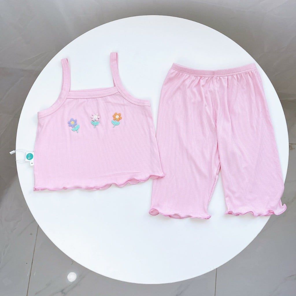  Bộ hai dây bé gái thun tăm lạnh rayon Áo Lá Homewear A159, đồ bộ bé gái hai dây quần lửng đính hoa xinh xắn 