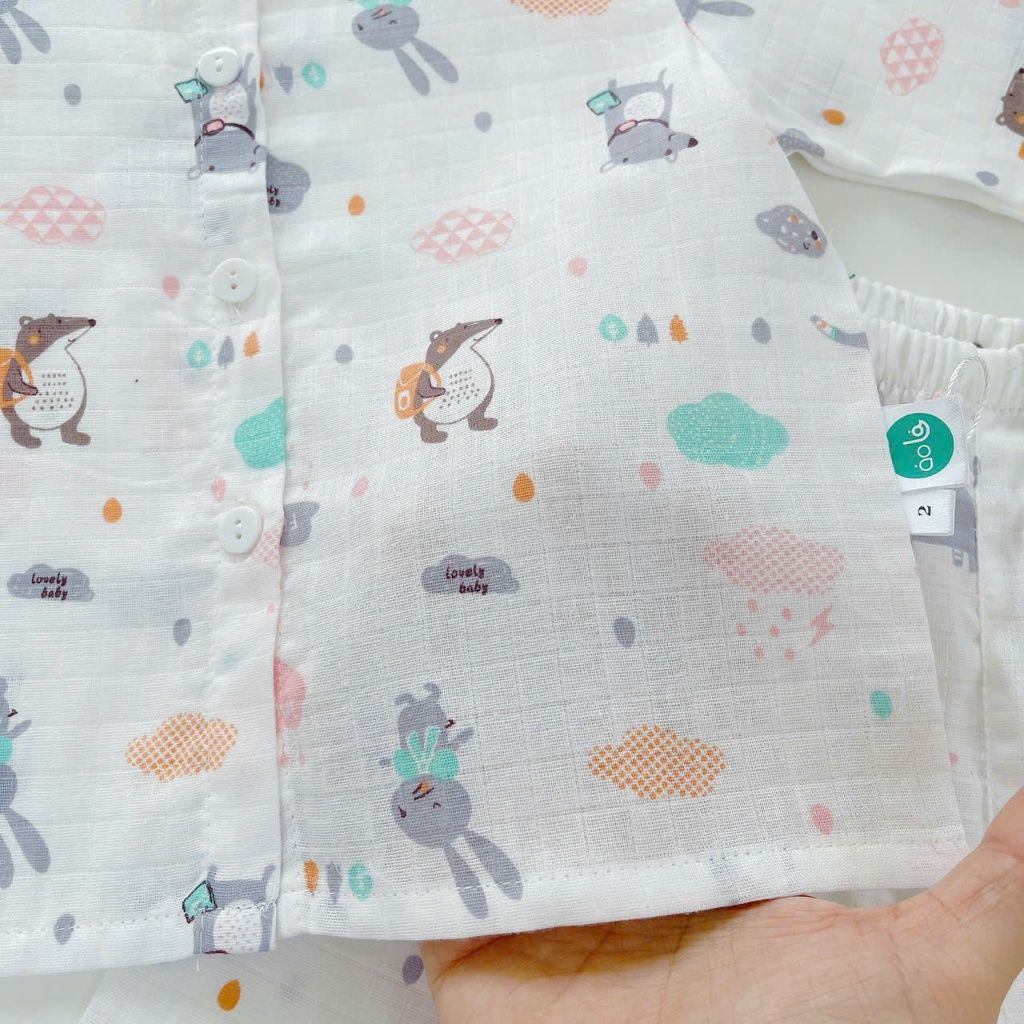  Pijama cho bé trai, bé gái vải  xô cotton Áo Lá Homewear A219, đồ bộ dài tay cho bé mát bốn mùa cổ tròn cài nút 