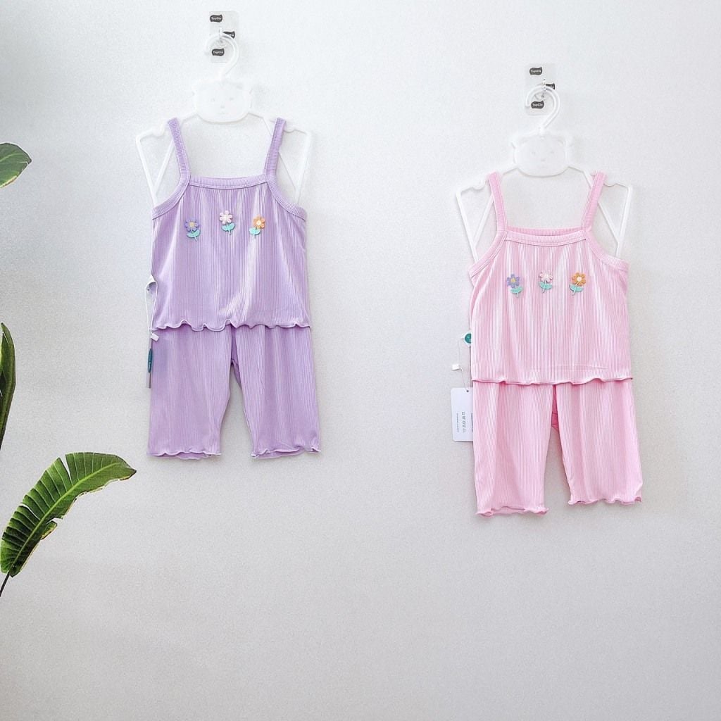  Bộ hai dây bé gái thun tăm lạnh rayon Áo Lá Homewear A159, đồ bộ bé gái hai dây quần lửng đính hoa xinh xắn 