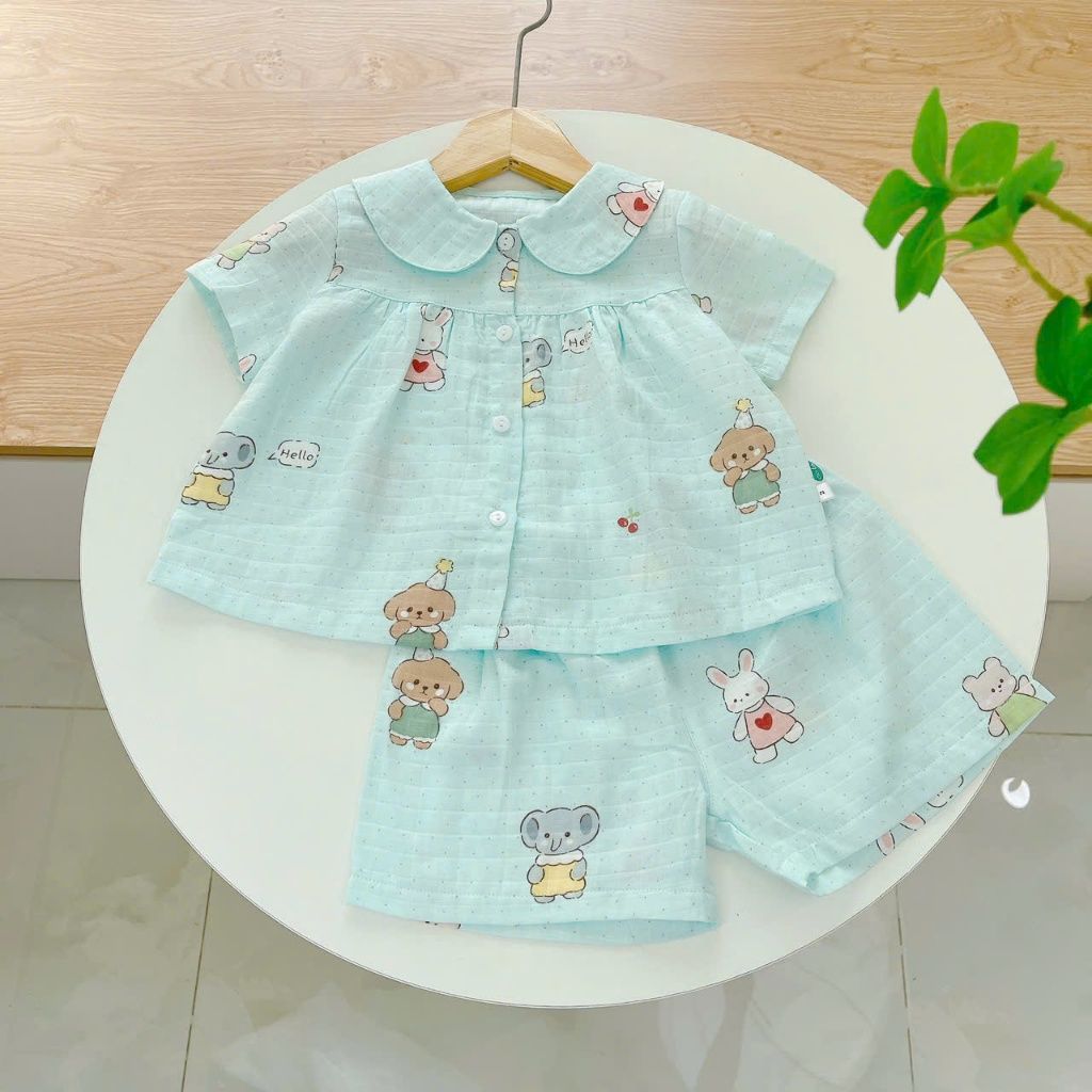  Bộ hè bé gái áo babydoll cánh tiên vải xô hai lớp mềm mát họa tiết thỏ mèo Áo Lá Homewear A049 