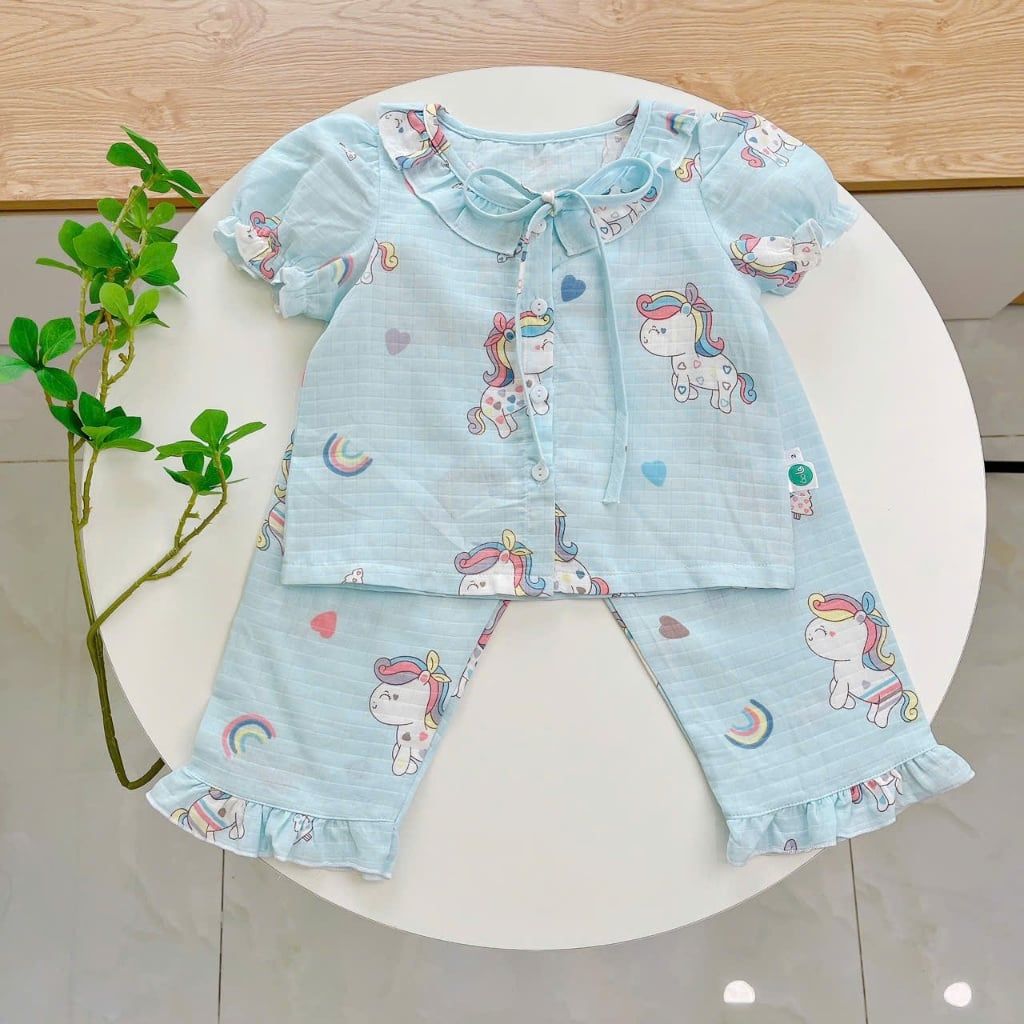  Đồ ngủ bé gái tay ngắn quần dài vải xô cotton Lá Homewear A261, pizama bé gái họa tiết unicorn dễ thương 