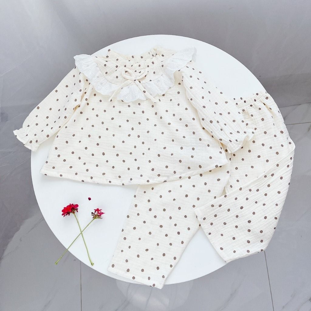  Pijama bé gái xô muslin Áo Lá Homewear A174, đồ bộ dài tay bé gái mặc ngủ bốn mùa thoáng mát 