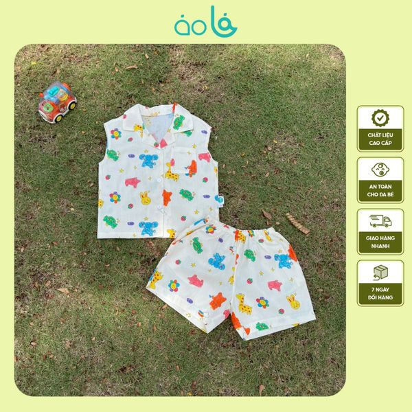  Bộ ba lỗ bé trai cổ pizama cotton mềm mát Áo Lá Homewear A140, đồ du lịch hè cho bé trai sát nách quần đùi đi biển 