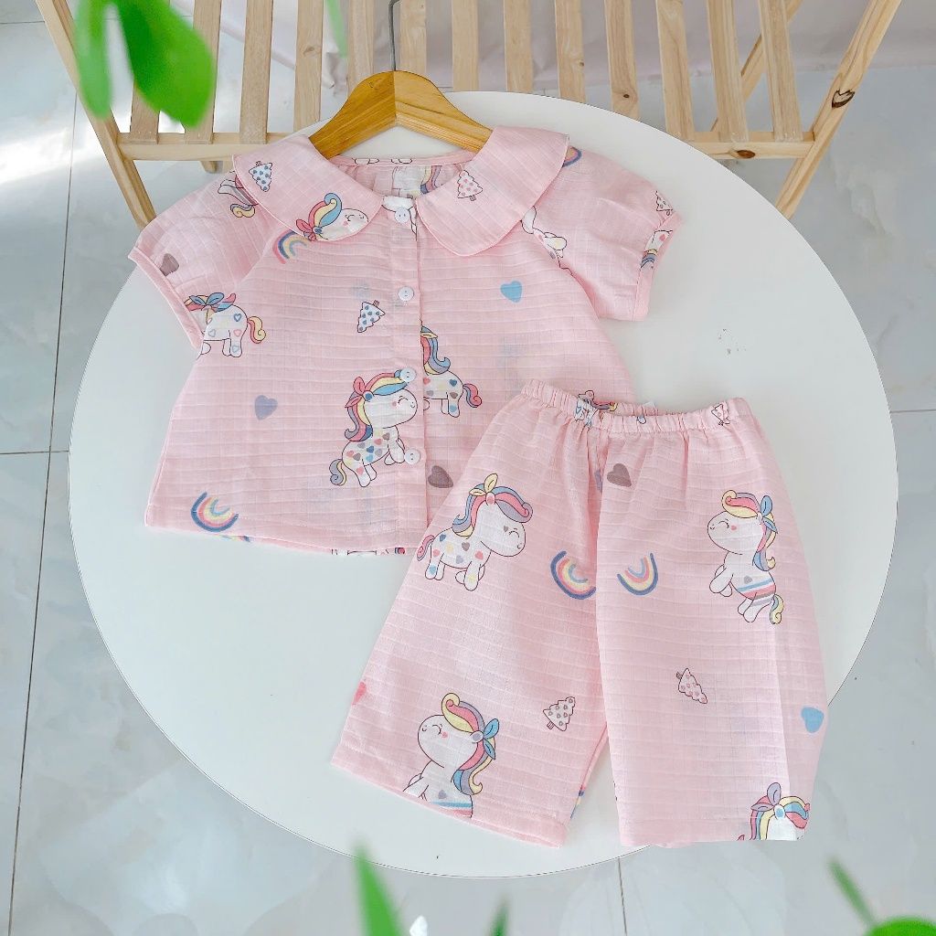  Bộ lửng bé gái Lá Homewear A293 xô cotton tay raglan họa tiết kỳ lân dễ thương thoáng mát 