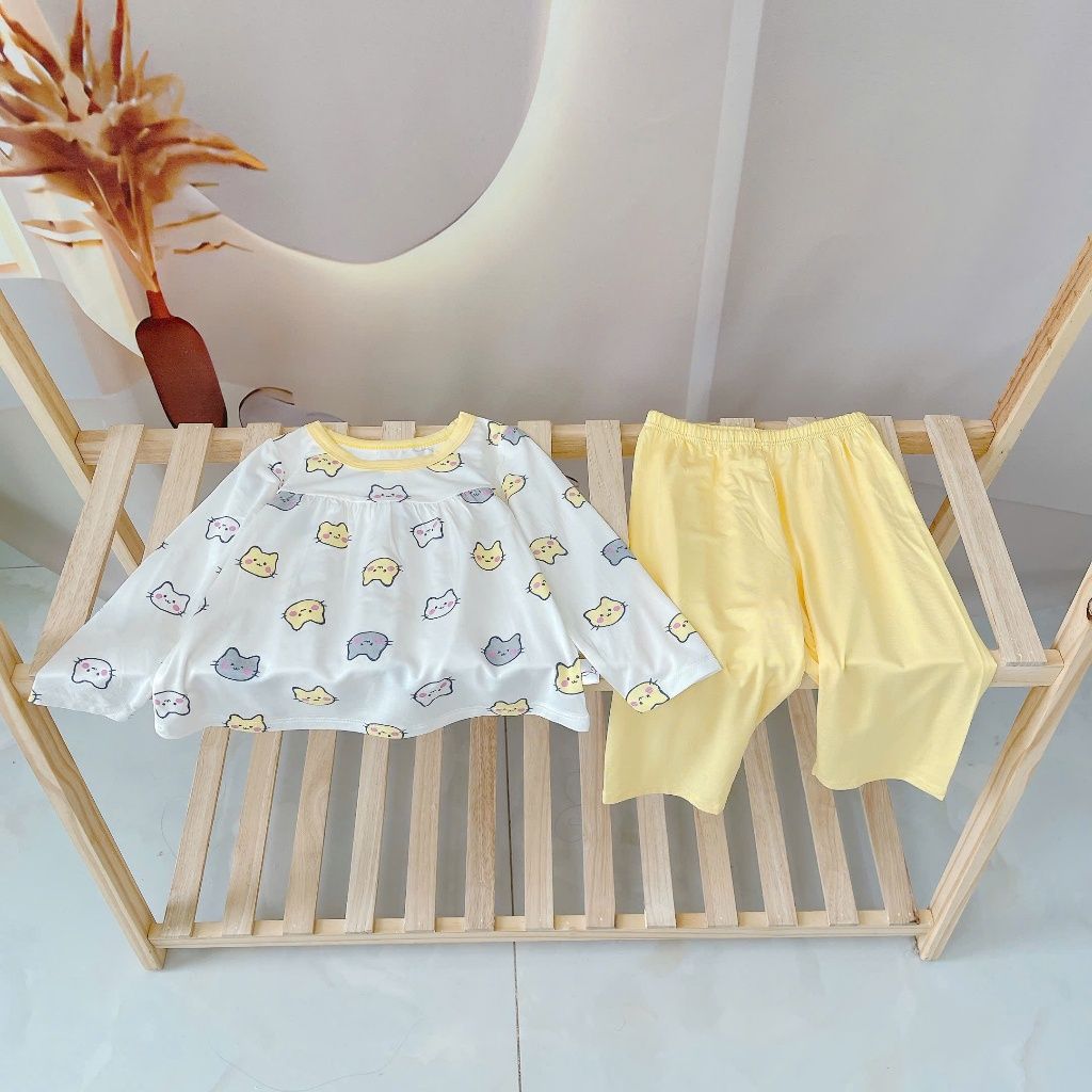  Đồ ngủ cho bé gái 95% sợi sồi Modal Ice Cool Lá Homewear A283, bộ dài tay cho bé mềm mướt mát lạnh babydoll họa tiết mèo 