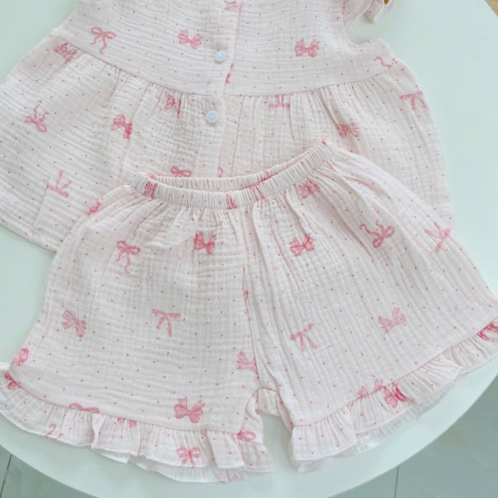  Bộ đùi bé gái xô muslin Áo Lá Homewear A264, bộ cộc tay bé gái cánh tiên bèo dễ thương babydoll 