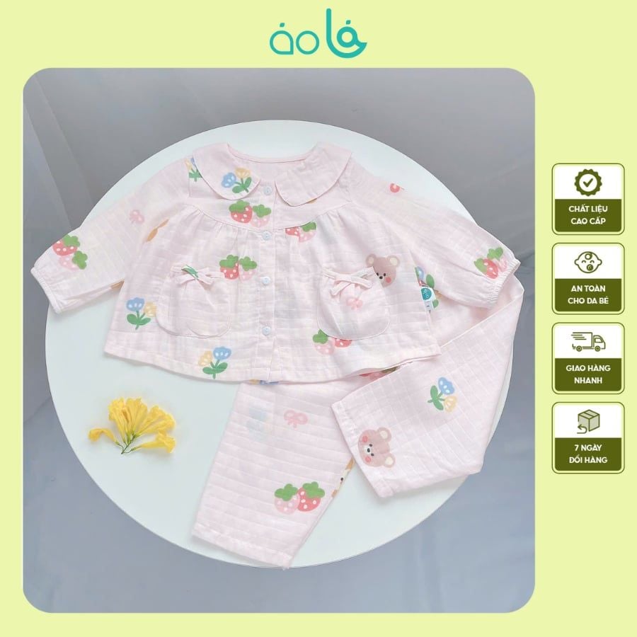  Pizama bé gái xô cotton Áo Lá Homewear A202, đồ dài tay bé gái babydoll mặc ngủ bốn mùa 