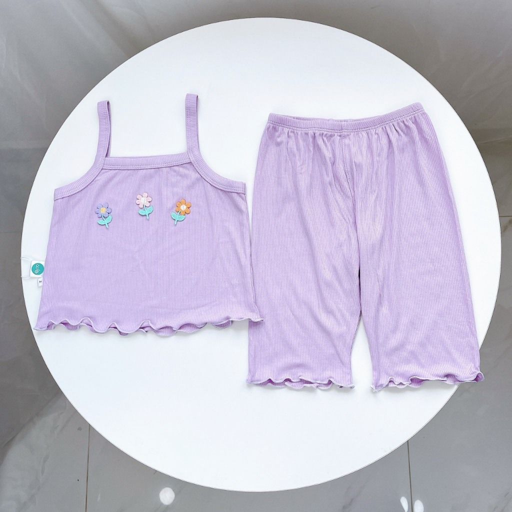  Bộ hai dây bé gái thun tăm lạnh rayon Áo Lá Homewear A159, đồ bộ bé gái hai dây quần lửng đính hoa xinh xắn 