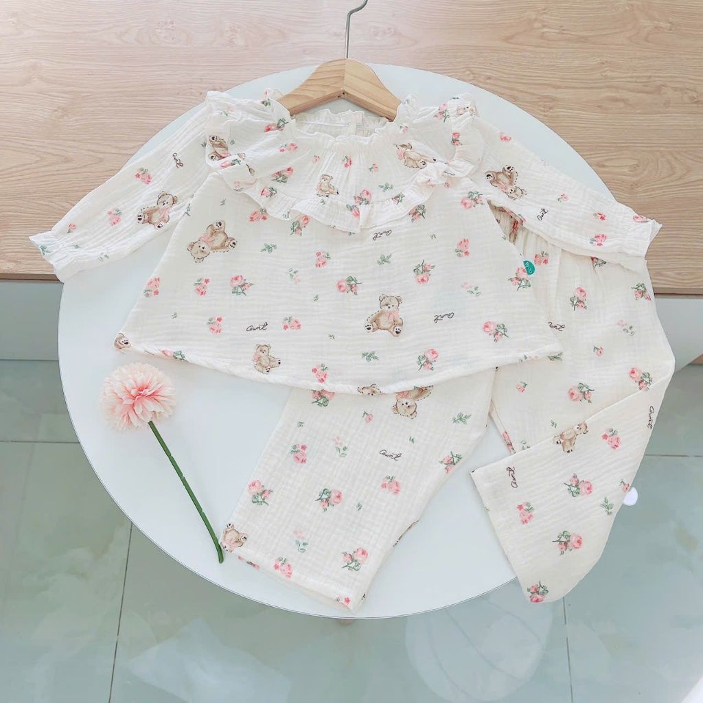  Bộ dài tay bé gái xô muslin Áo Lá Homewear A216, pijama bé gái mặc ngủ bốn mùa mềm mát thấm hút 7kg-27kg 