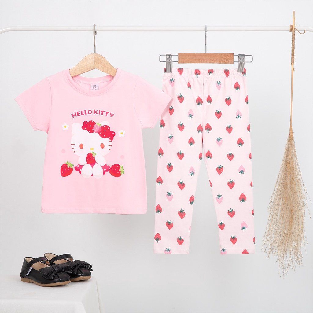  Đồ ngủ bé gái tay ngắn quần dài thun cotton in hình elsa mickey, bộ bé gái cánh tiên dễ thương Áo Lá Homewear NNB005 