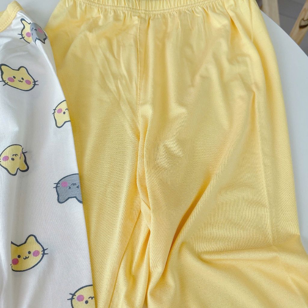  Đồ ngủ cho bé gái 95% sợi sồi Modal Ice Cool Lá Homewear A283, bộ dài tay cho bé mềm mướt mát lạnh babydoll họa tiết mèo 