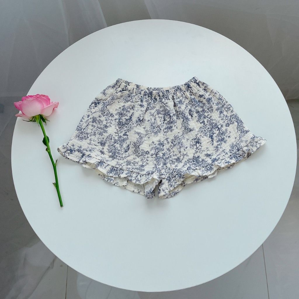  Bộ hai dây bé gái xô muslin Áo Lá Homewear A152, bộ đồ bé gái hè quần đùi xô đũi babydoll viền ren vintage 