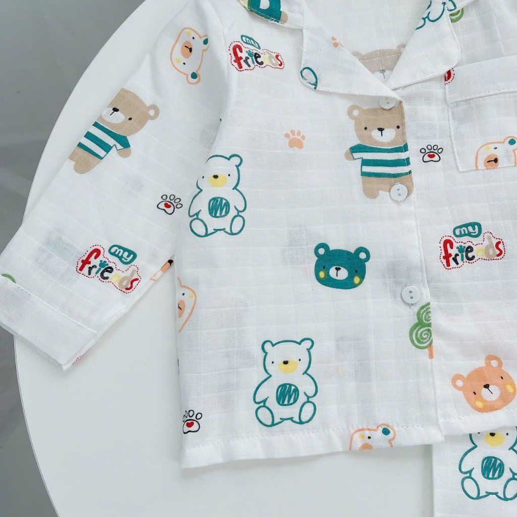  Pijama bé trai bé gái dài tay vải xô cotton Áo Lá Homewear A146, đồ ngủ trẻ em size đại nằm điều hòa bốn mùa 