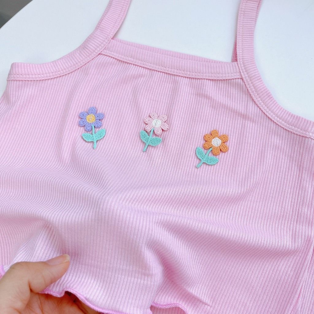  Bộ hai dây bé gái thun tăm lạnh rayon Áo Lá Homewear A159, đồ bộ bé gái hai dây quần lửng đính hoa xinh xắn 