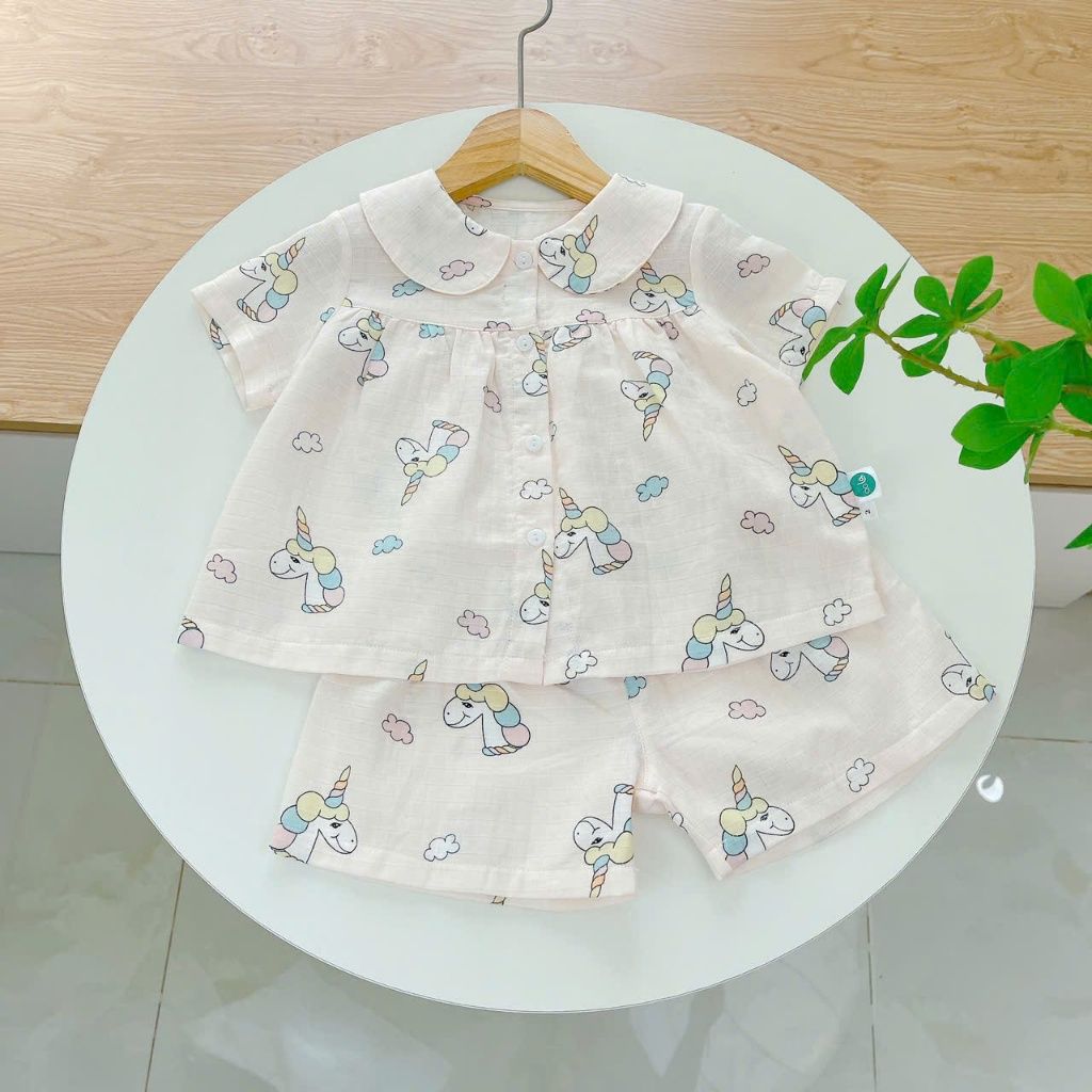  Bộ hè bé gái áo babydoll cánh tiên vải xô hai lớp mềm mát họa tiết thỏ mèo Áo Lá Homewear A049 