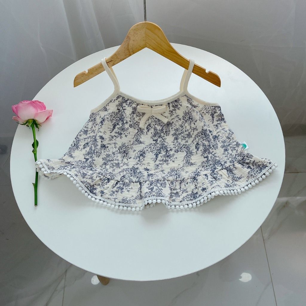  Bộ hai dây bé gái xô muslin Áo Lá Homewear A152, bộ đồ bé gái hè quần đùi xô đũi babydoll viền ren vintage 