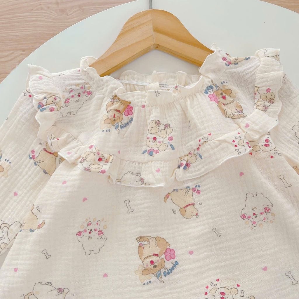  Bộ dài tay bé gái xô muslin Áo Lá Homewear A216, pijama bé gái mặc ngủ bốn mùa mềm mát thấm hút 7kg-27kg 