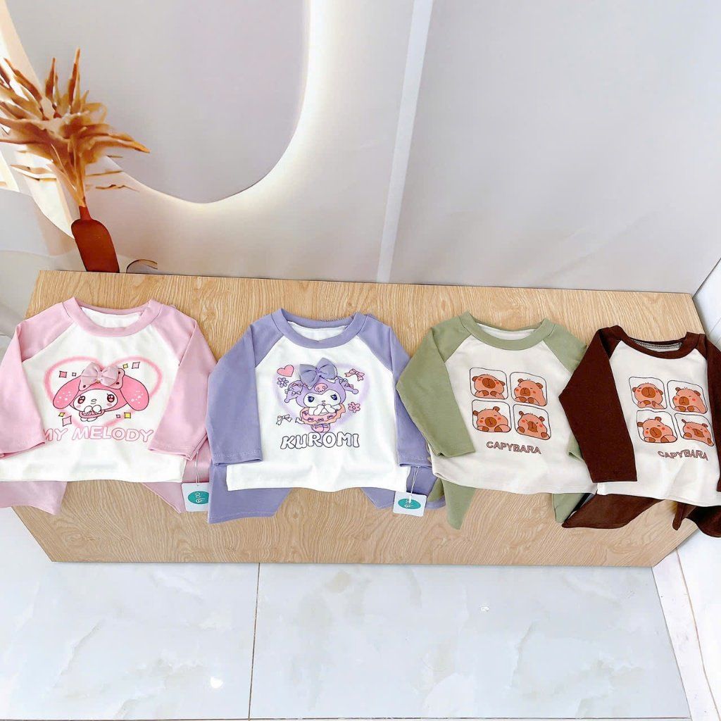  Bộ dài tay cho bé mặc ngủ vải Lyocell Áo Lá Homewear A228, pijama cho bé hình kuromi melody capybara mềm mát thấm hút 