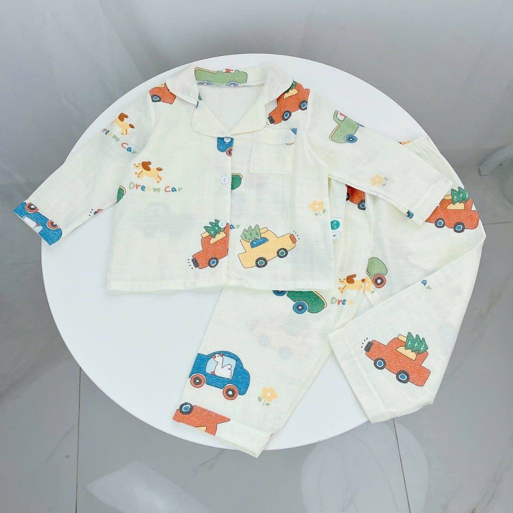  Pijama bé trai bé gái dài tay vải xô cotton Áo Lá Homewear A146, đồ ngủ trẻ em size đại nằm điều hòa bốn mùa 